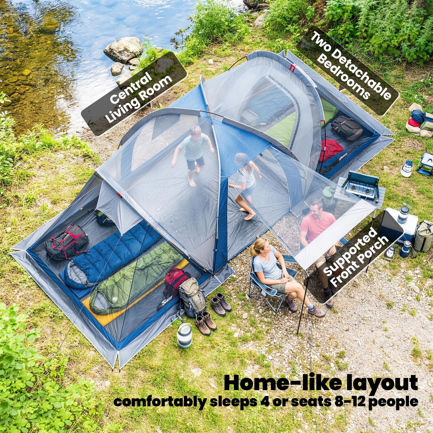 Family Camping Tent 3000mm Waterproof 8-12 Person Navy Blue