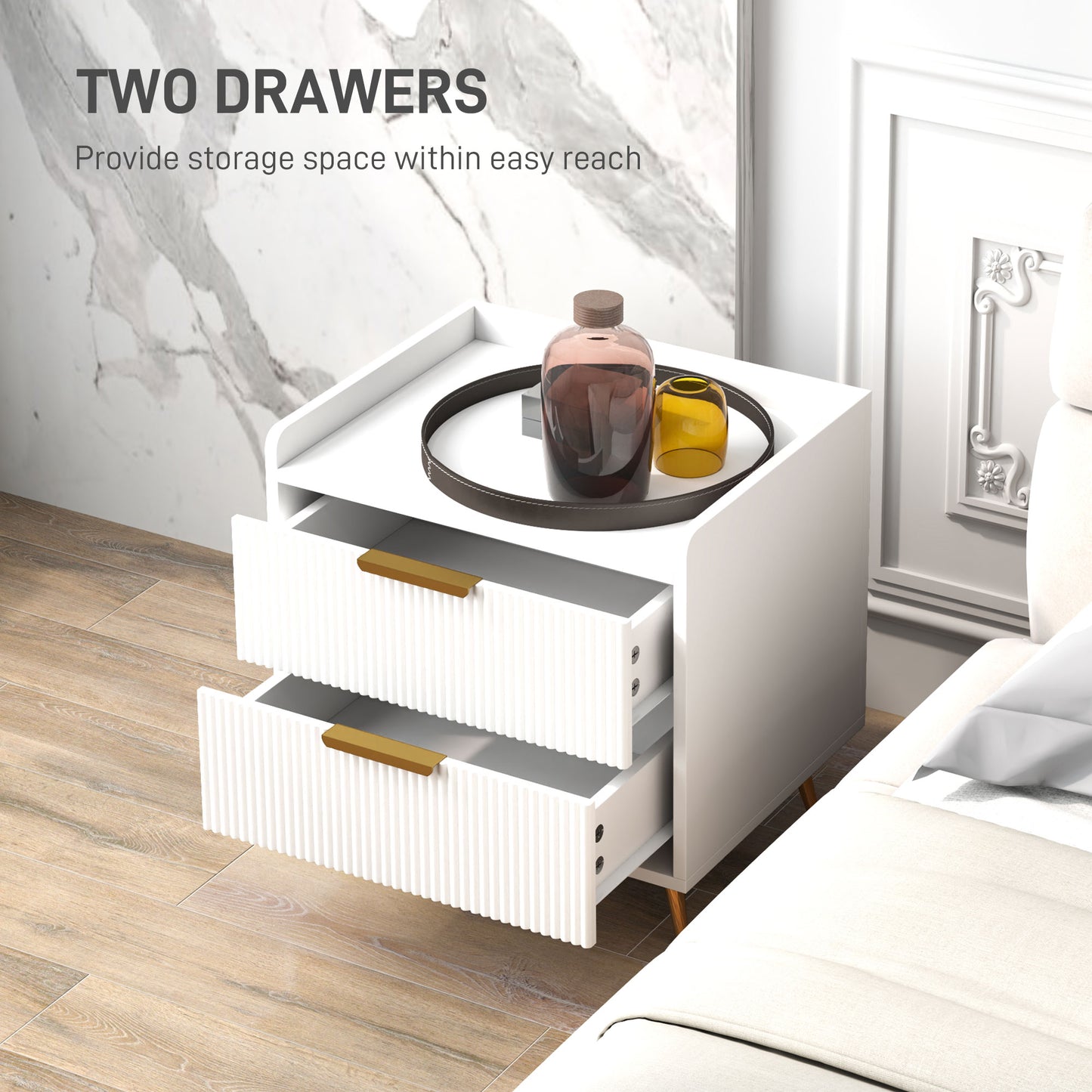 Bedside Table with 2 Drawers for Bedroom, Living Room, White