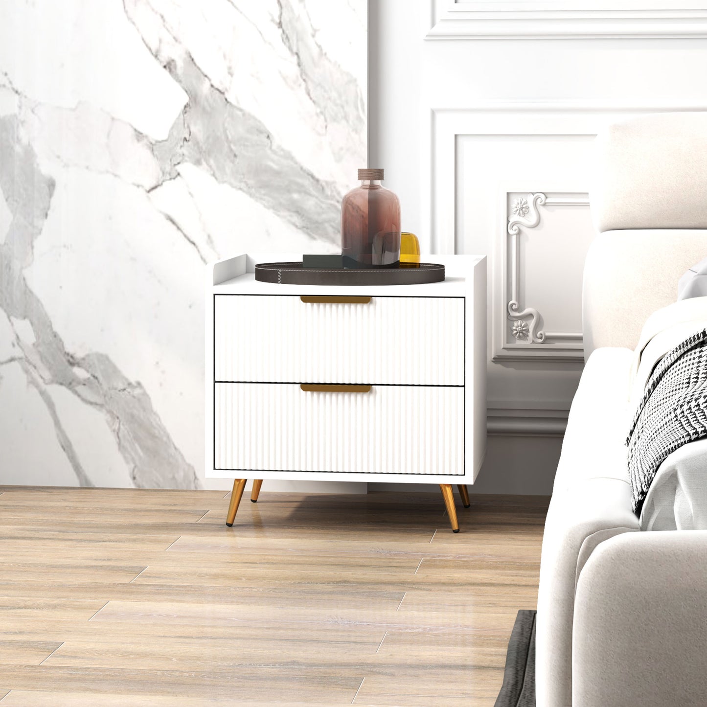 Bedside Table with 2 Drawers for Bedroom, Living Room, White