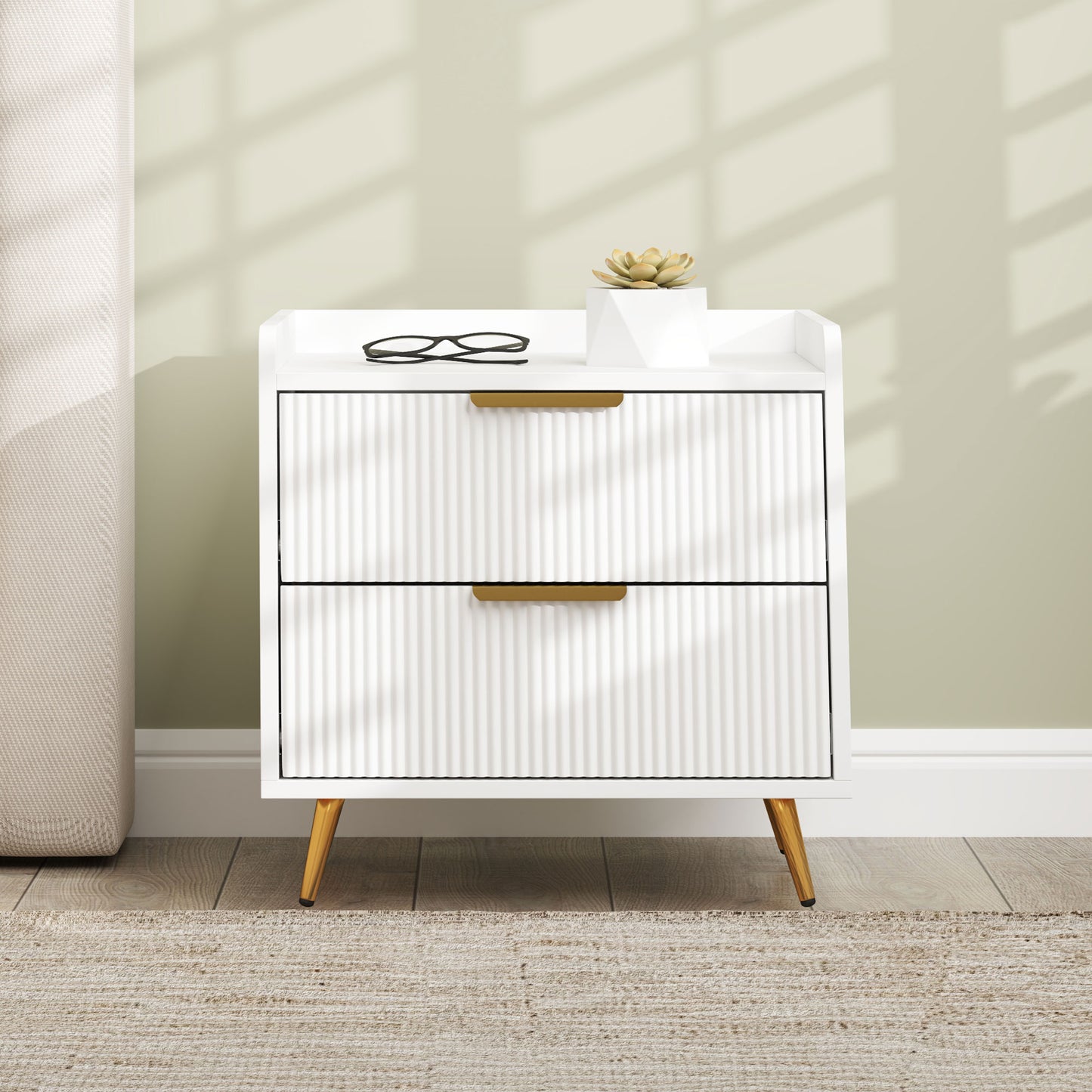 Bedside Table with 2 Drawers for Bedroom, Living Room, White
