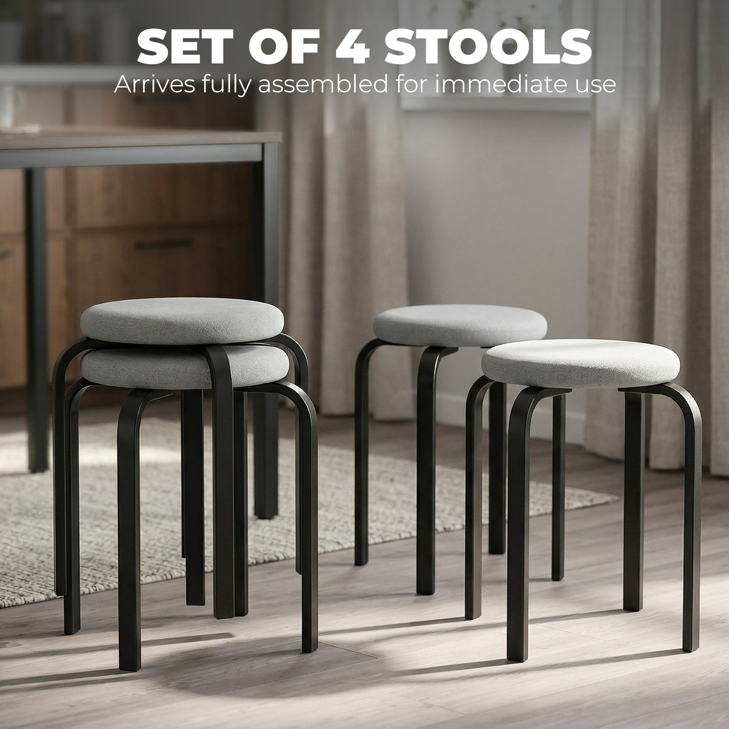 Stackable Stools Set of 4, Modern Cushioned Stacking Chairs, Round Backless Stools for Kitchen, Dining Room, Living Room, Grey