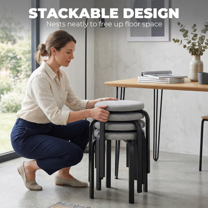 Stackable Stools Set of 4, Modern Cushioned Stacking Chairs, Round Backless Stools for Kitchen, Dining Room, Living Room, Grey