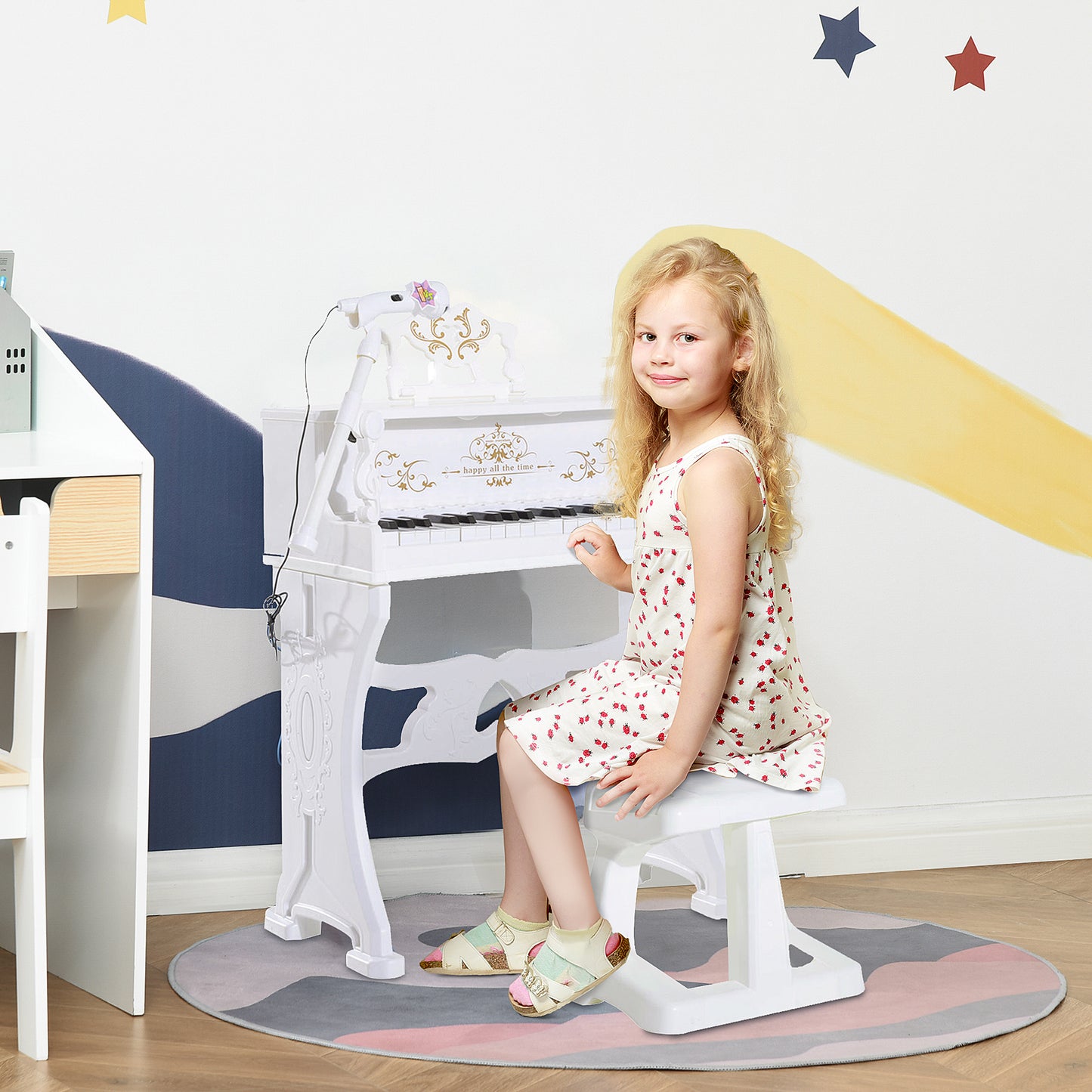 37 Key Keyboard Battery Piano Kids Microphone Stool Educational Game