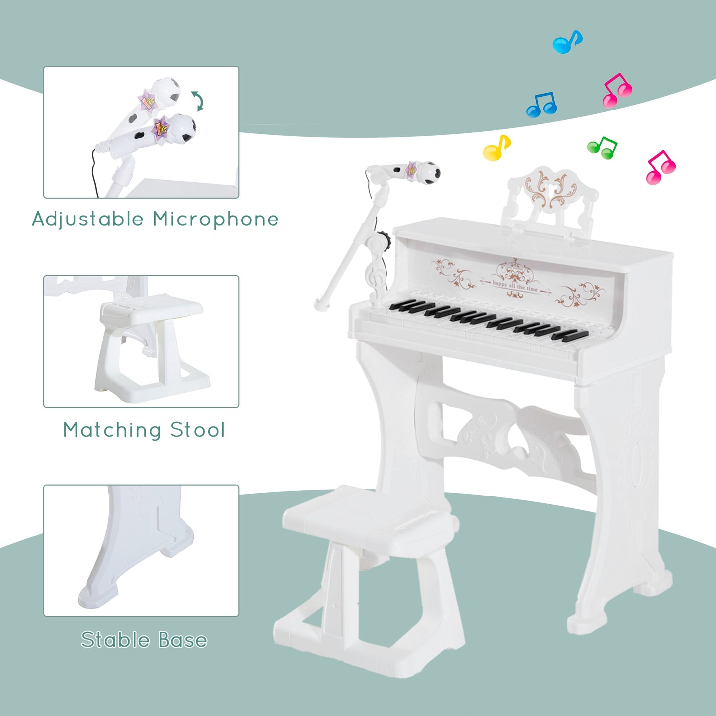 37 Key Keyboard Battery Piano Kids Microphone Stool Educational Game