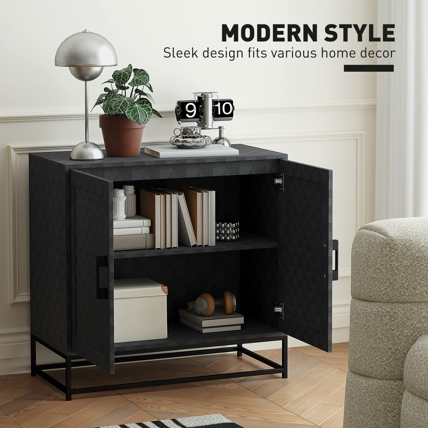 Modern Storage Cupboard with Adjustable Shelf and 2 Doors, Black