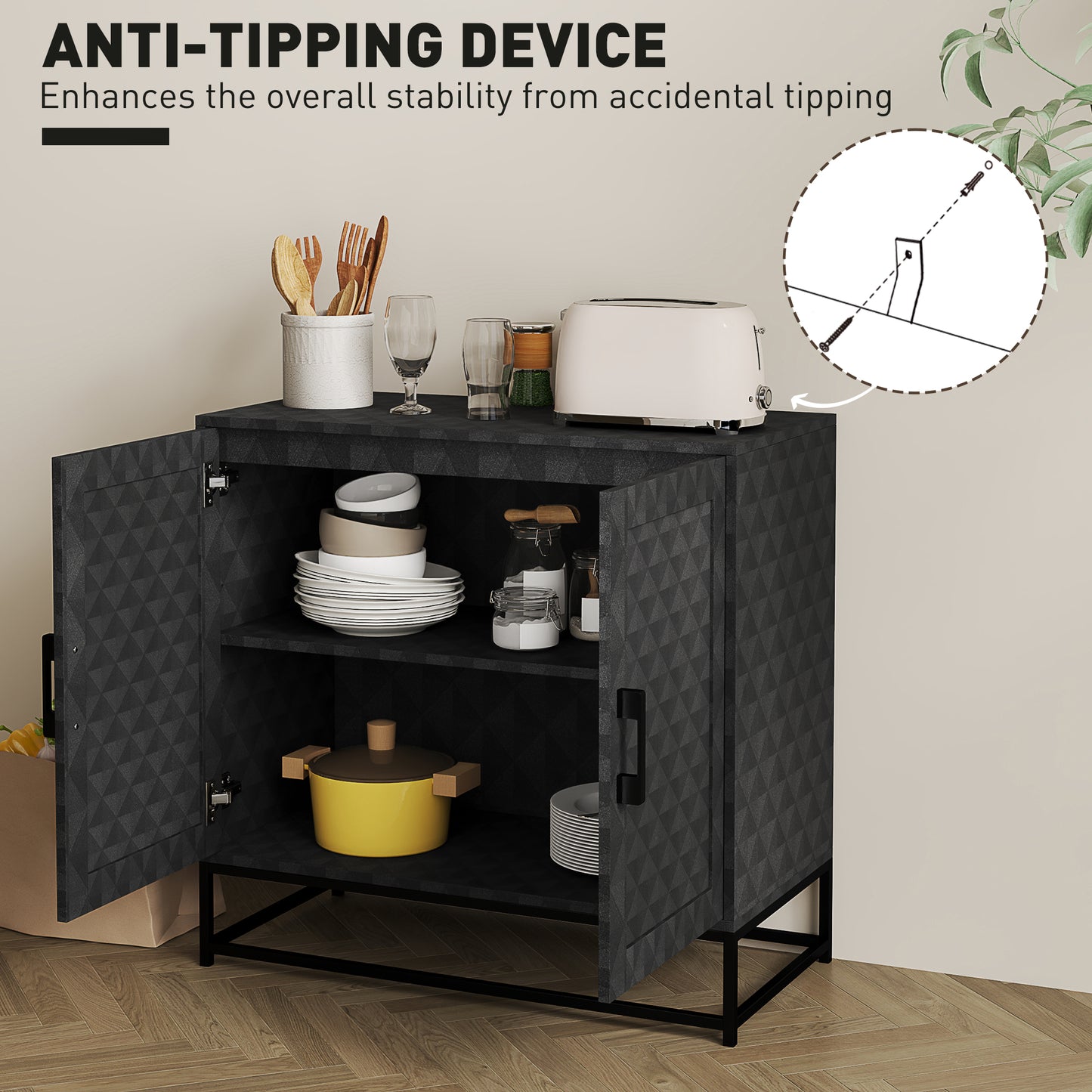 Modern Storage Cupboard with Adjustable Shelf and 2 Doors, Black
