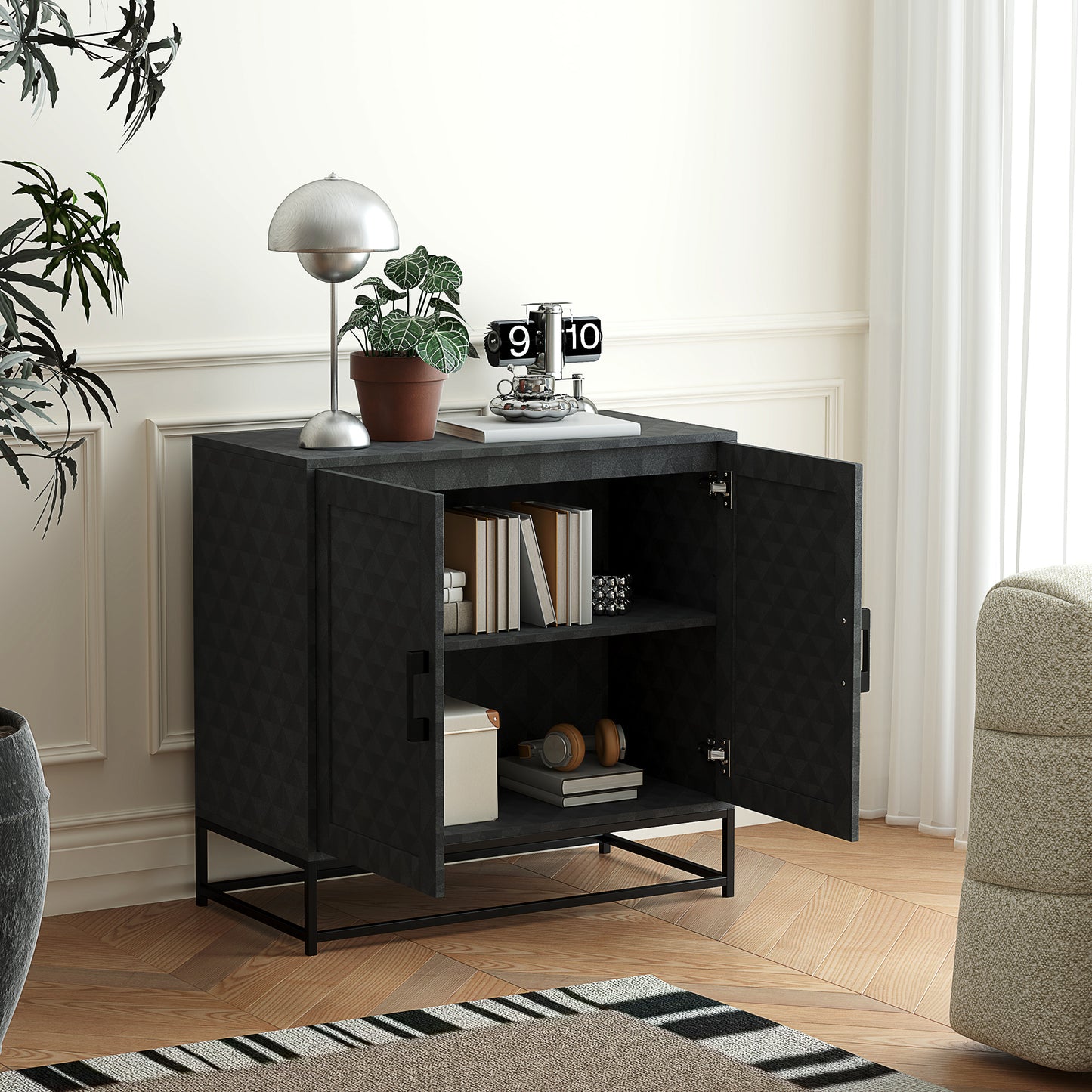 Modern Storage Cupboard with Adjustable Shelf and 2 Doors, Black