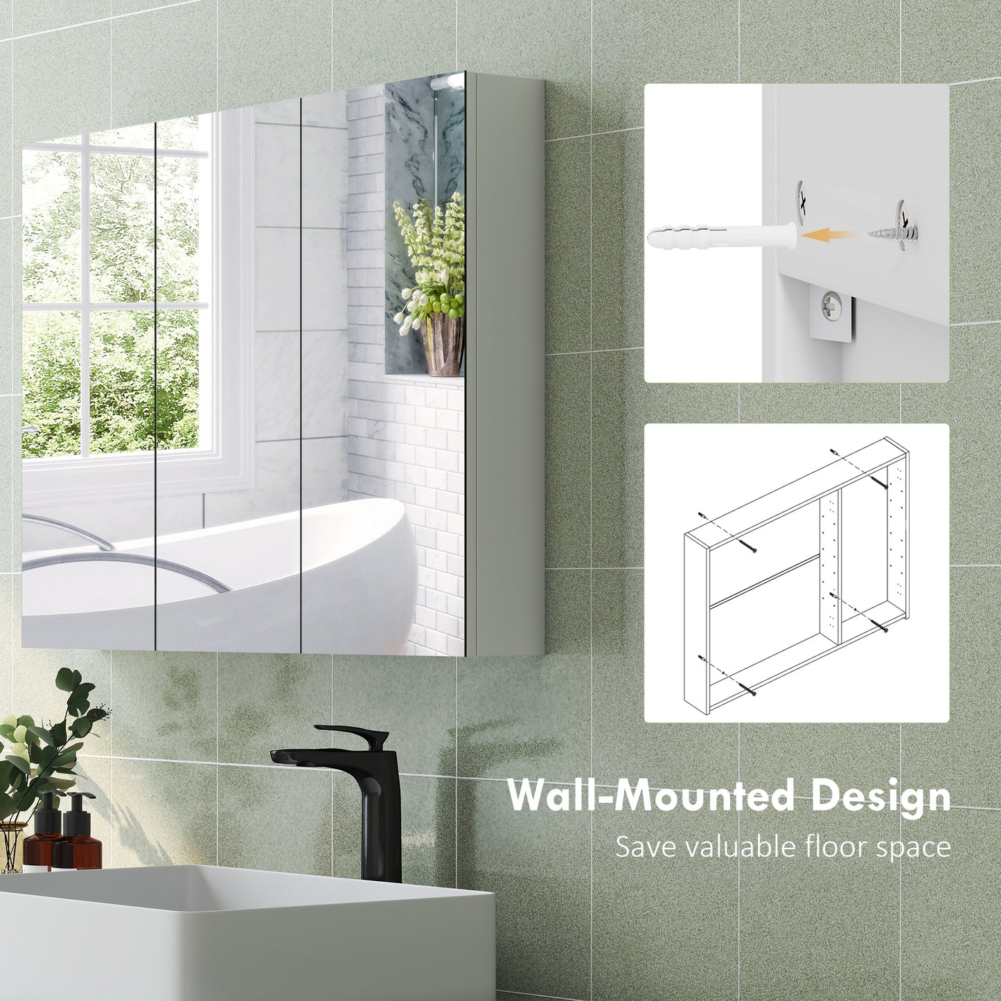 Bathroom Mirror Cabinet with 4 Adjustable Shelves, White