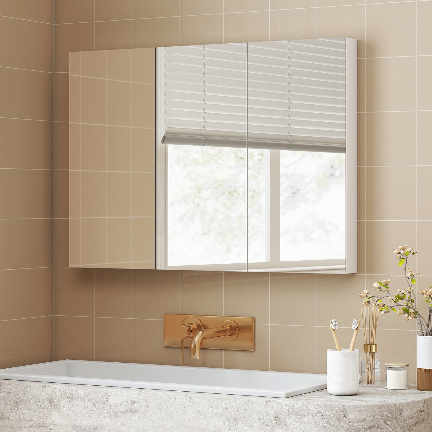 Bathroom Mirror Cabinet with 4 Adjustable Shelves, White