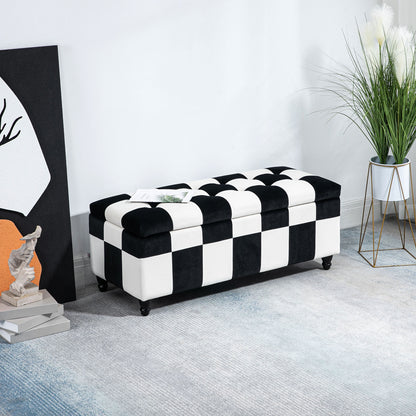 Velvet Storage Ottoman, Button-tufted Footstool Box, Toy Chest with Lid for Living Room, Bedroom, White and Black
