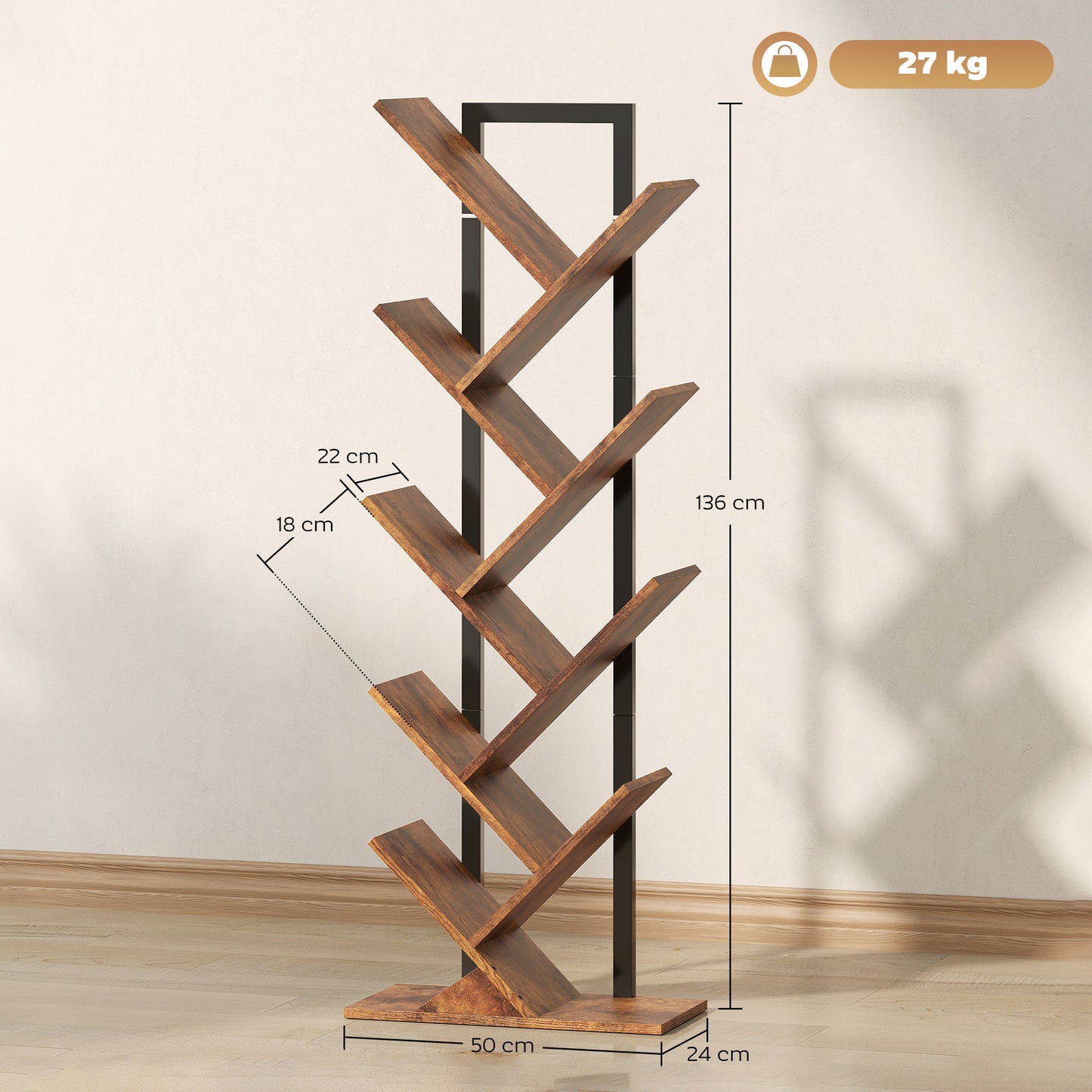 9-Tier Tree Bookshelf with Steel Frame for Living Room, Rustic Brown
