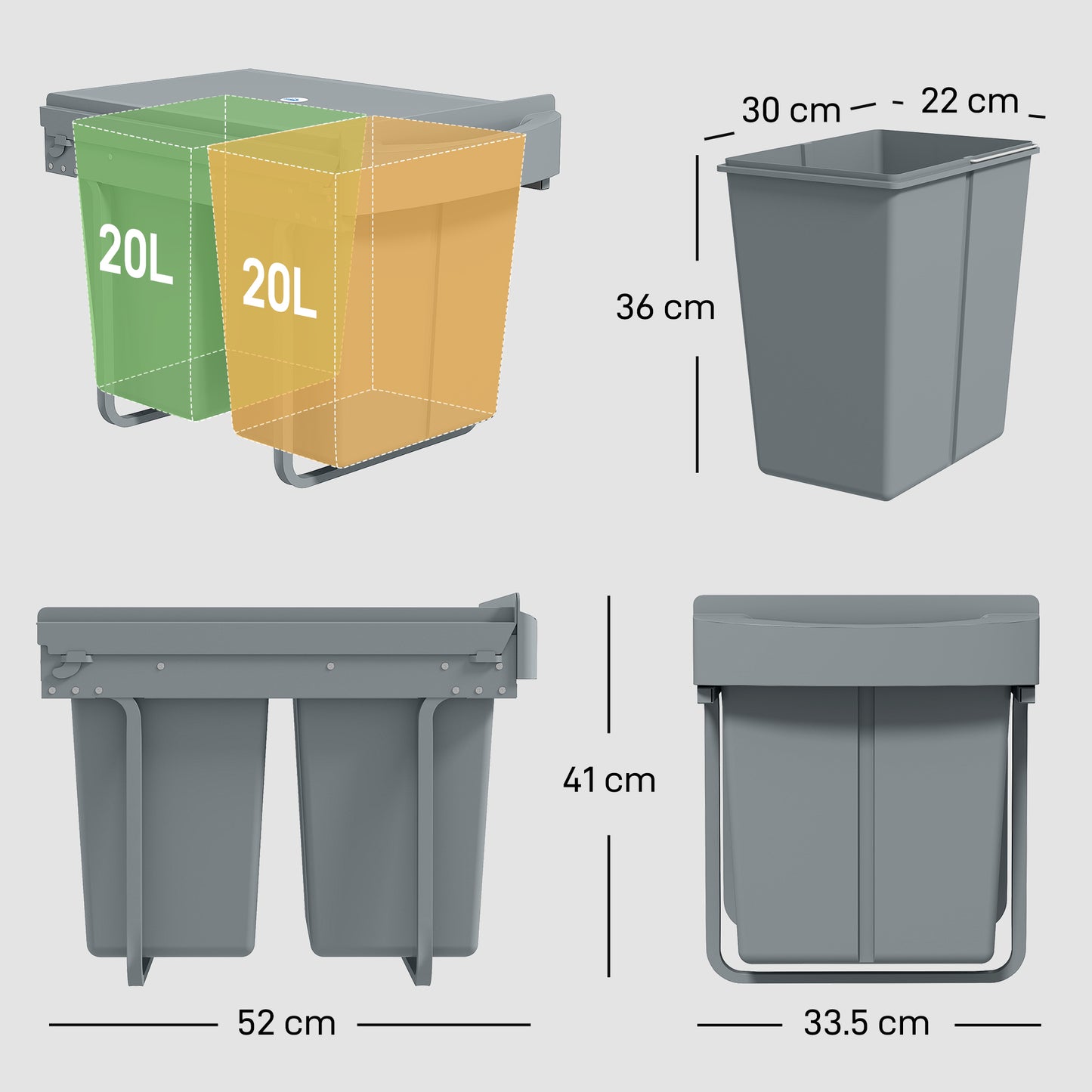 Kitchen Cupboard Bin with 40L Dual Compartment, Pull Out Bin, Grey