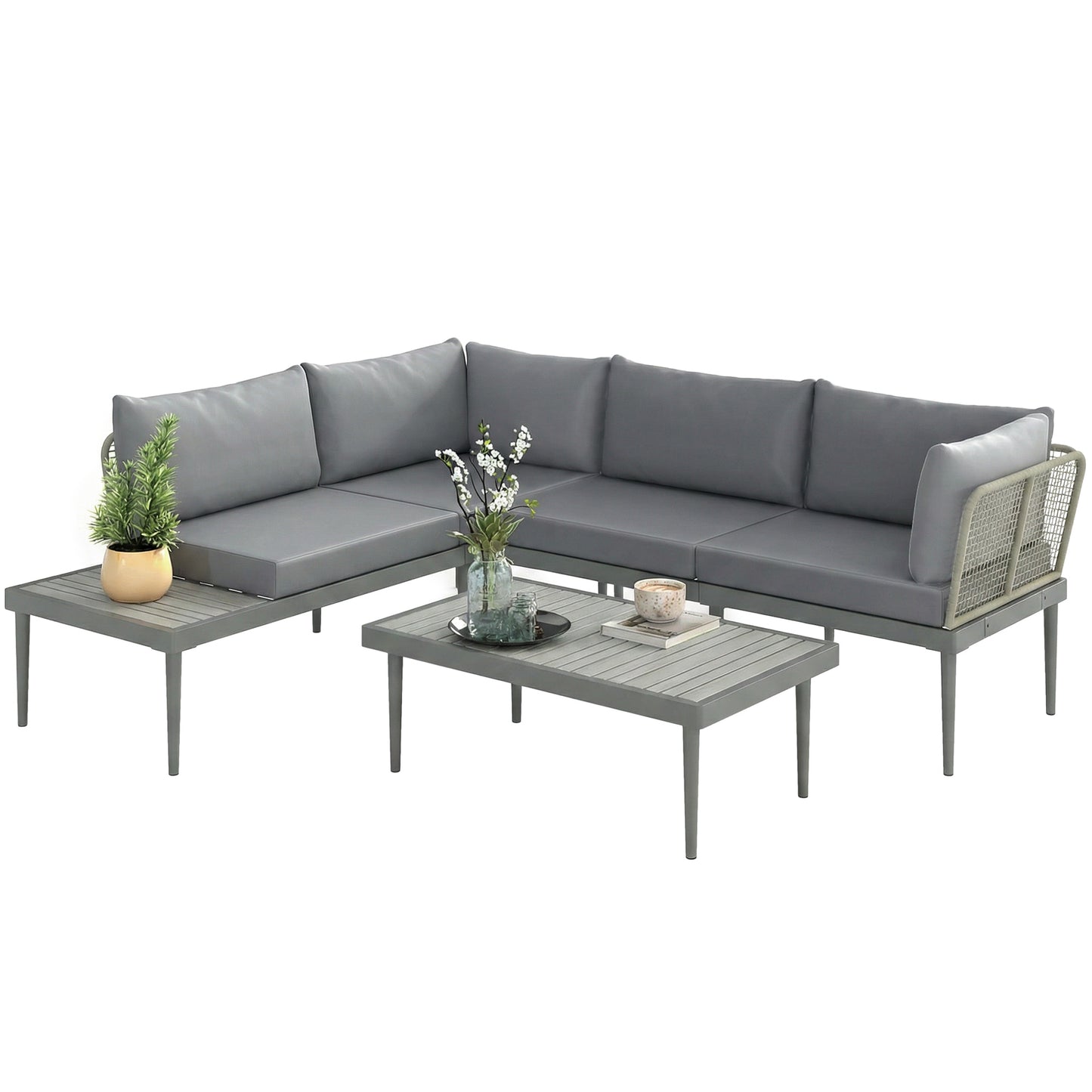 3 Piece L Shaped Rattan Garden Furniture Set, 4 Seater Wicker Outdoor Corner Sofa Set with 2 Loveseats, Wide and Deep Seating, Acacia Wood Top Coffee Table and Thick Cushions, Grey