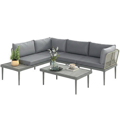 3 Piece L Shaped Rattan Garden Furniture Set, 4 Seater Wicker Outdoor Corner Sofa Set with 2 Loveseats, Wide and Deep Seating, Acacia Wood Top Coffee Table and Thick Cushions, Grey