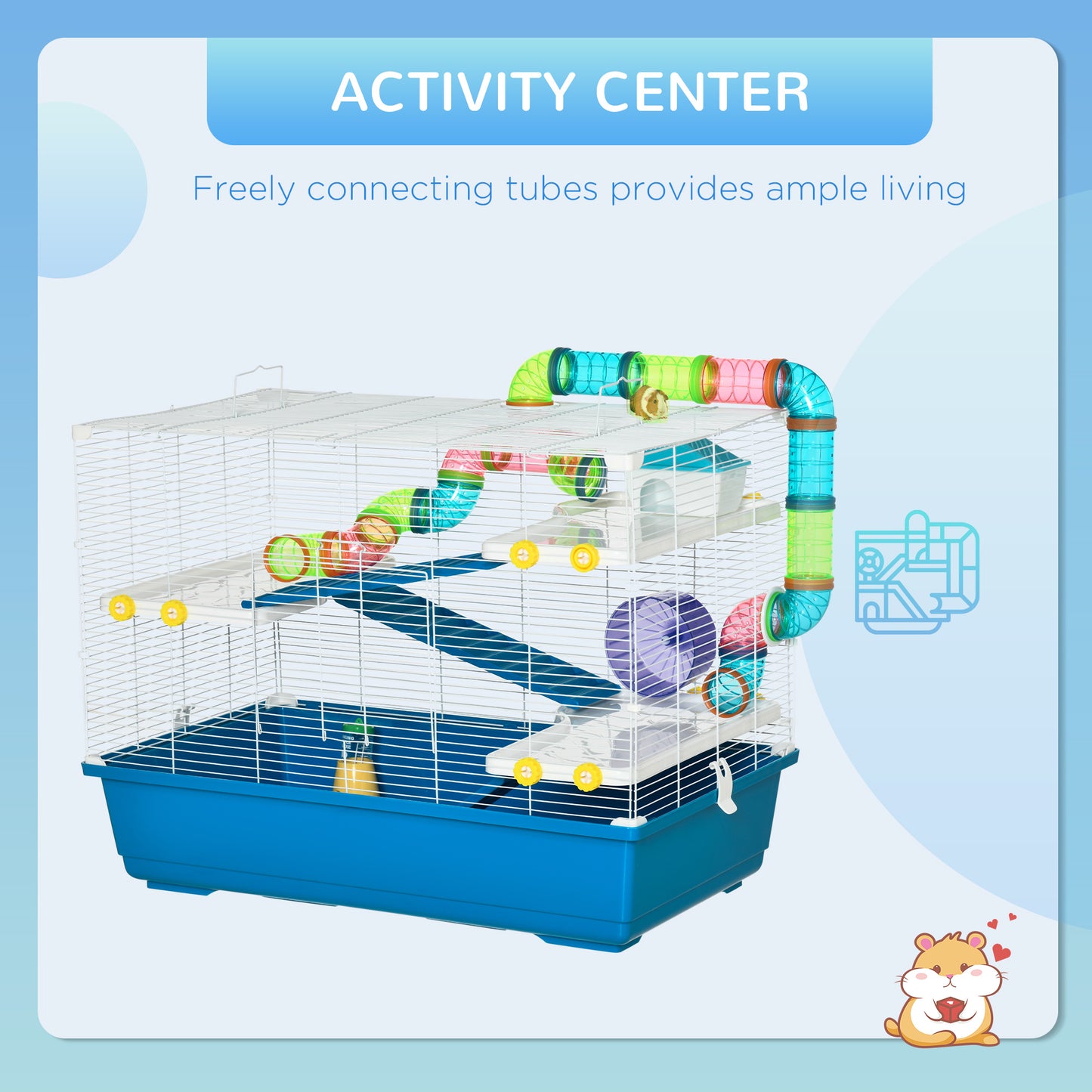 Large Hamster Cage, Multi-storey Gerbil Haven, Small Rodent House, Tunnel Tube System, with Water Bottle, Exercise Wheel, Food Dish,Ramps Blue