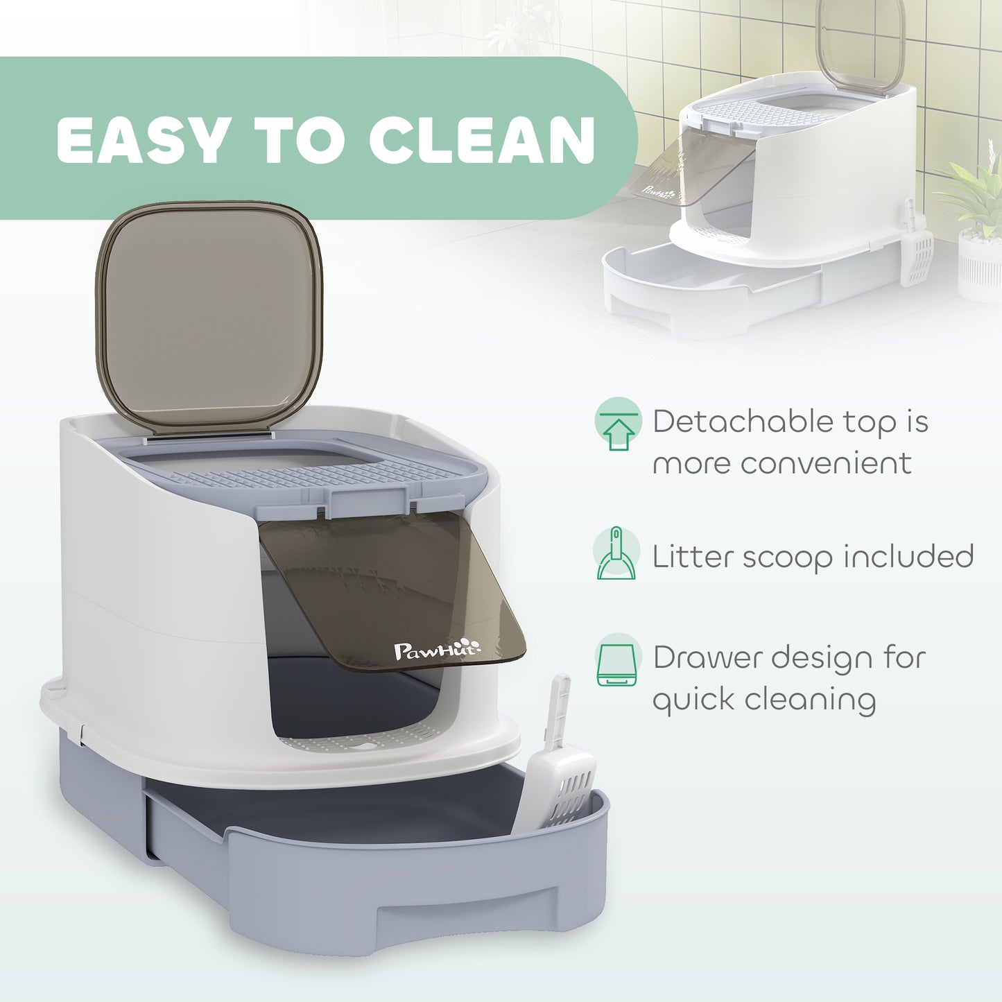 Cat Litter Box, Hooded Cat Litter Tray with Lid, Scoop, Grey