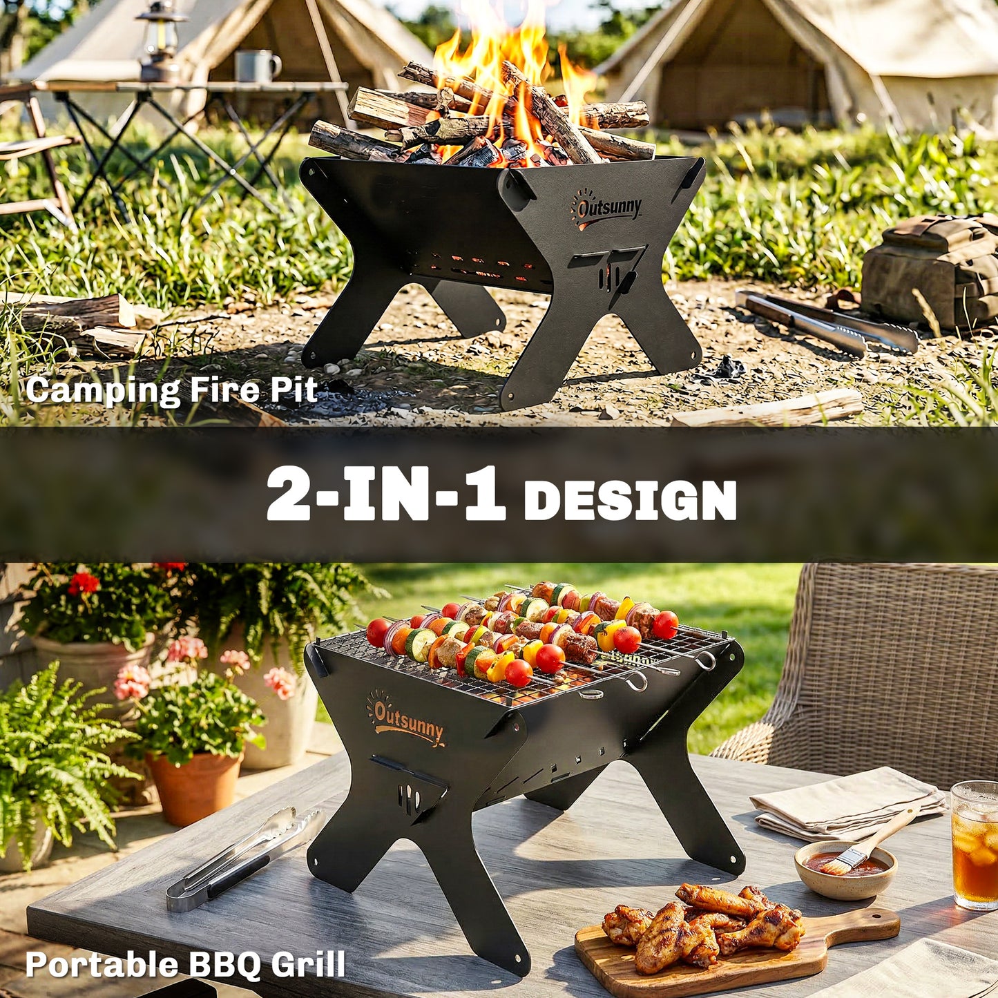 2-In-1 Portable BBQ Grill and Camping Fire Pit with Gloves