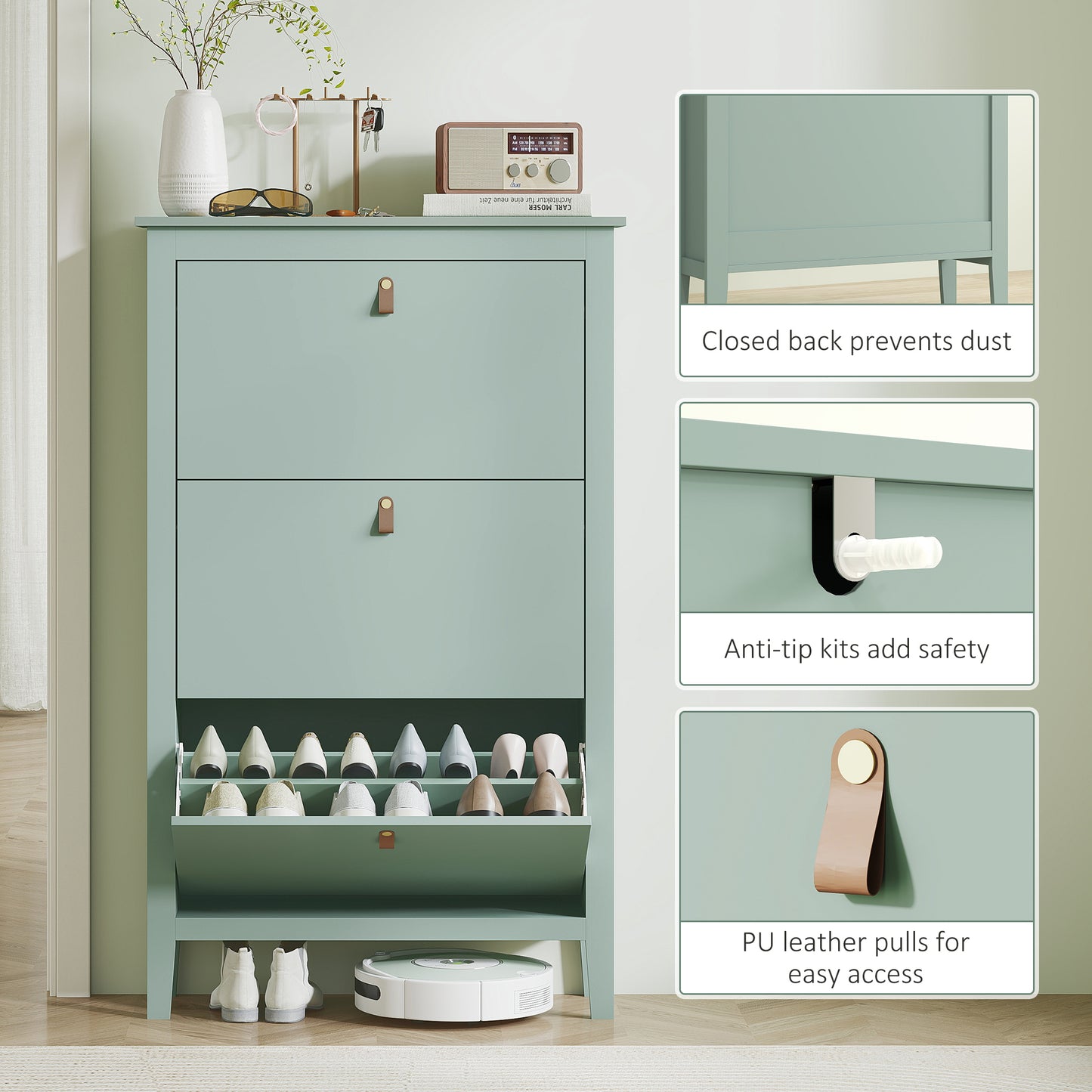 3 Drawer Shoe Cabinet with Flip Doors for Hallway, Entryway, Green