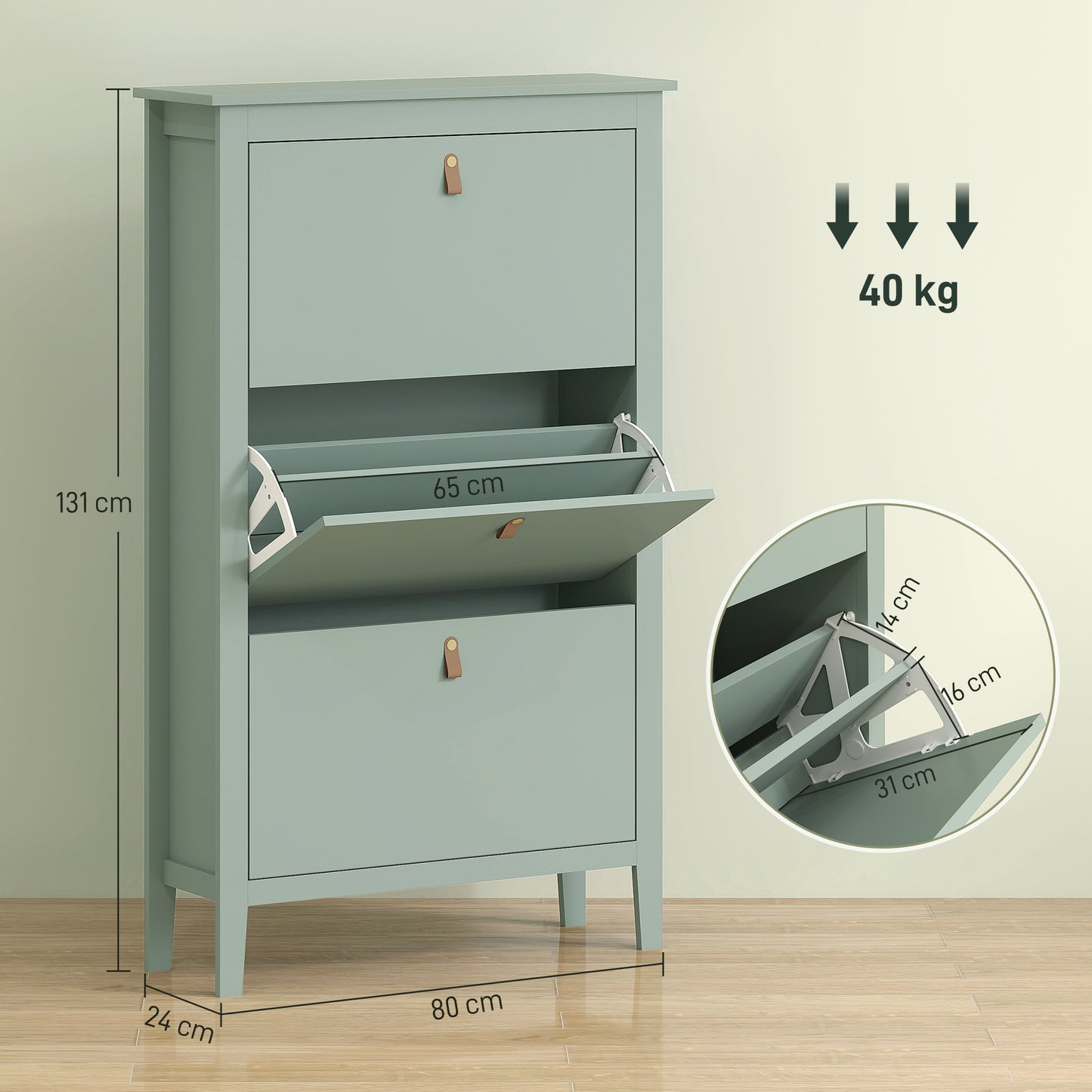 3 Drawer Shoe Cabinet with Flip Doors for Hallway, Entryway, Green