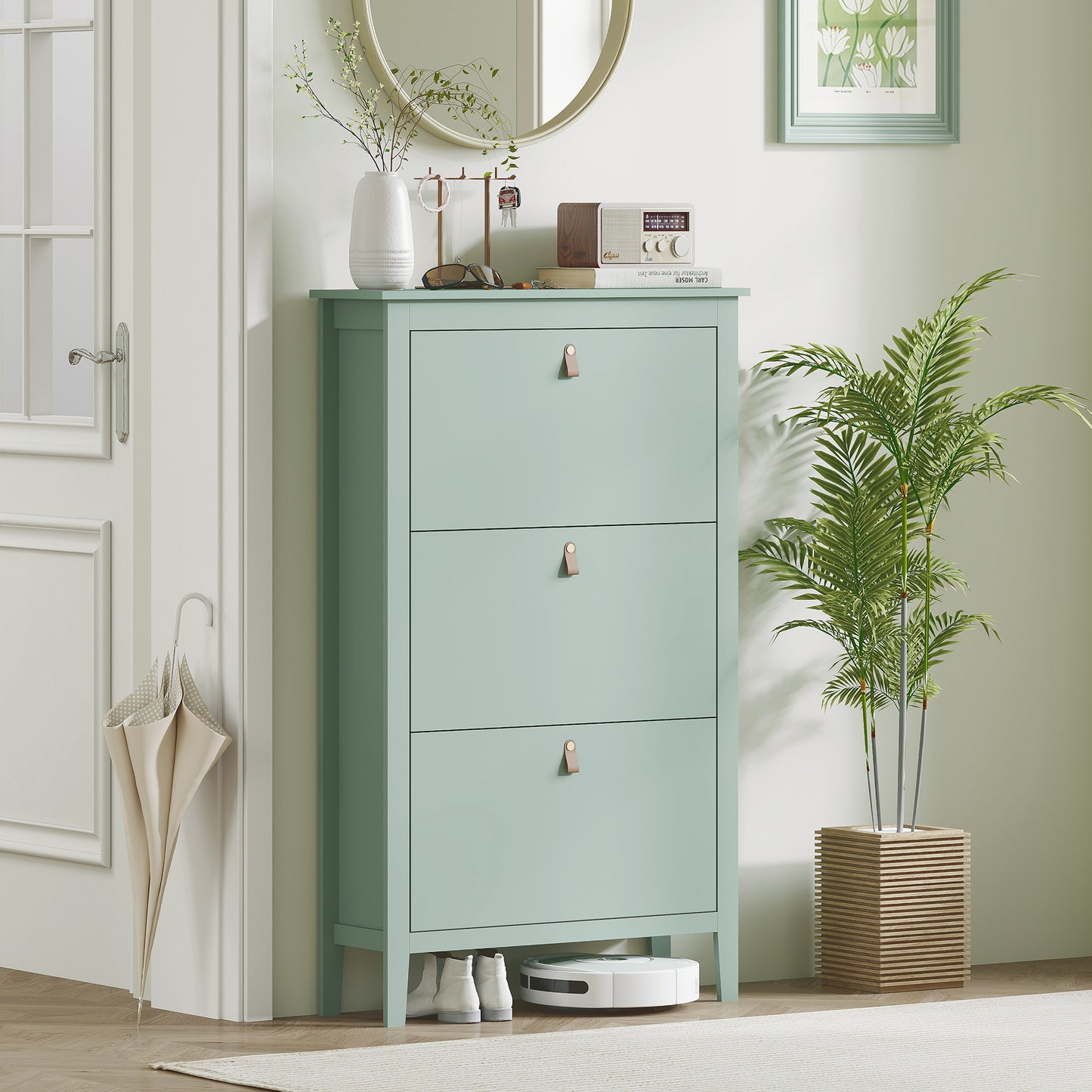 3 Drawer Shoe Cabinet with Flip Doors for Hallway, Entryway, Green