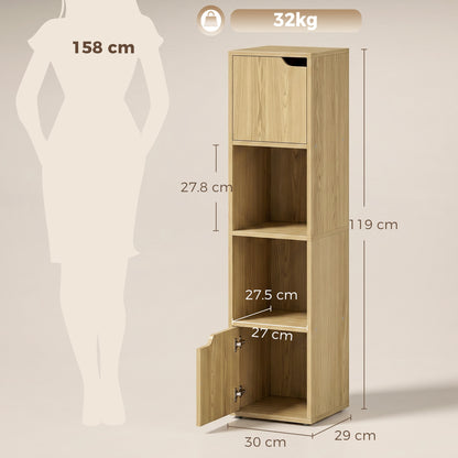 Bookcase with 2 Cabinets and Doors, 4-Tier Bookshelf, Storage Cabinet with Open Shelves and Anti-Tipping Design, for Living Room, Bedroom, Home Office, Oak