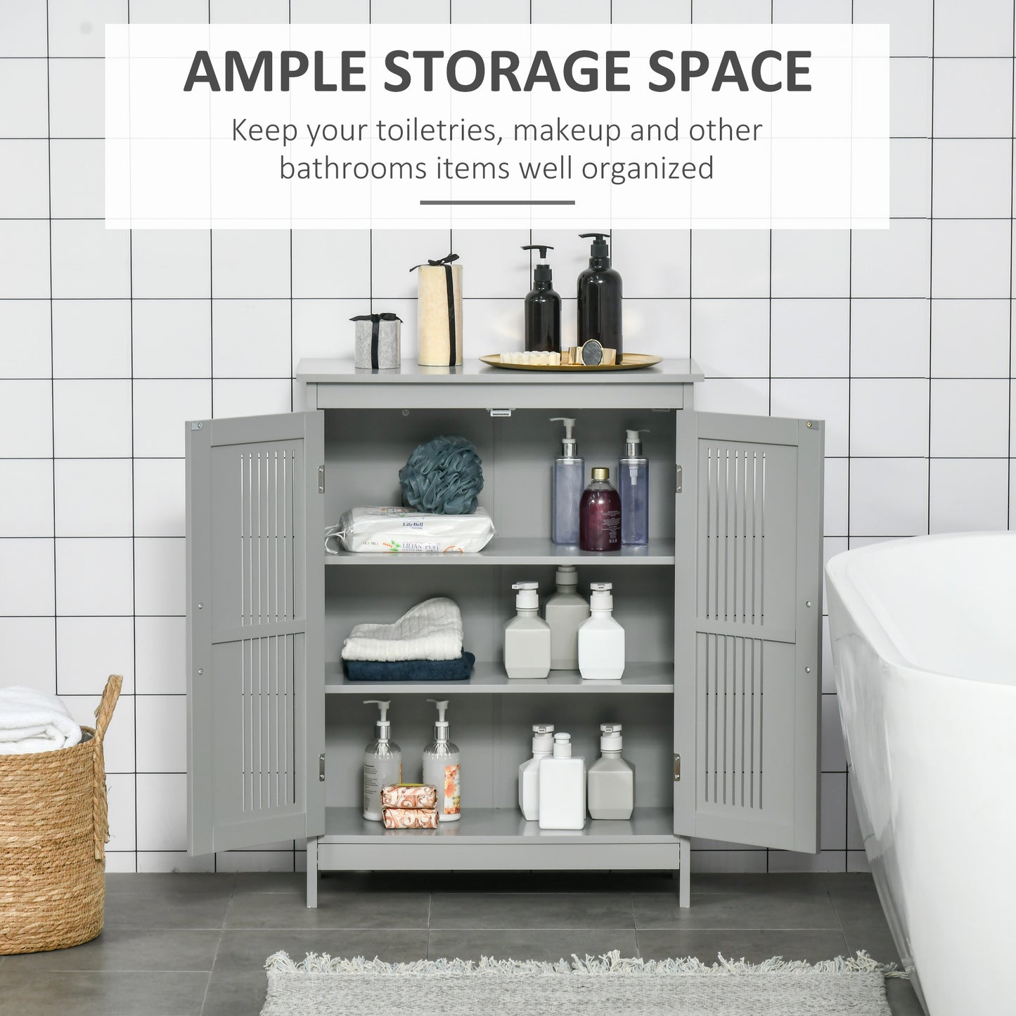 Bathroom Cabinet, Freestanding Floor Cabinet with Storage, Grey