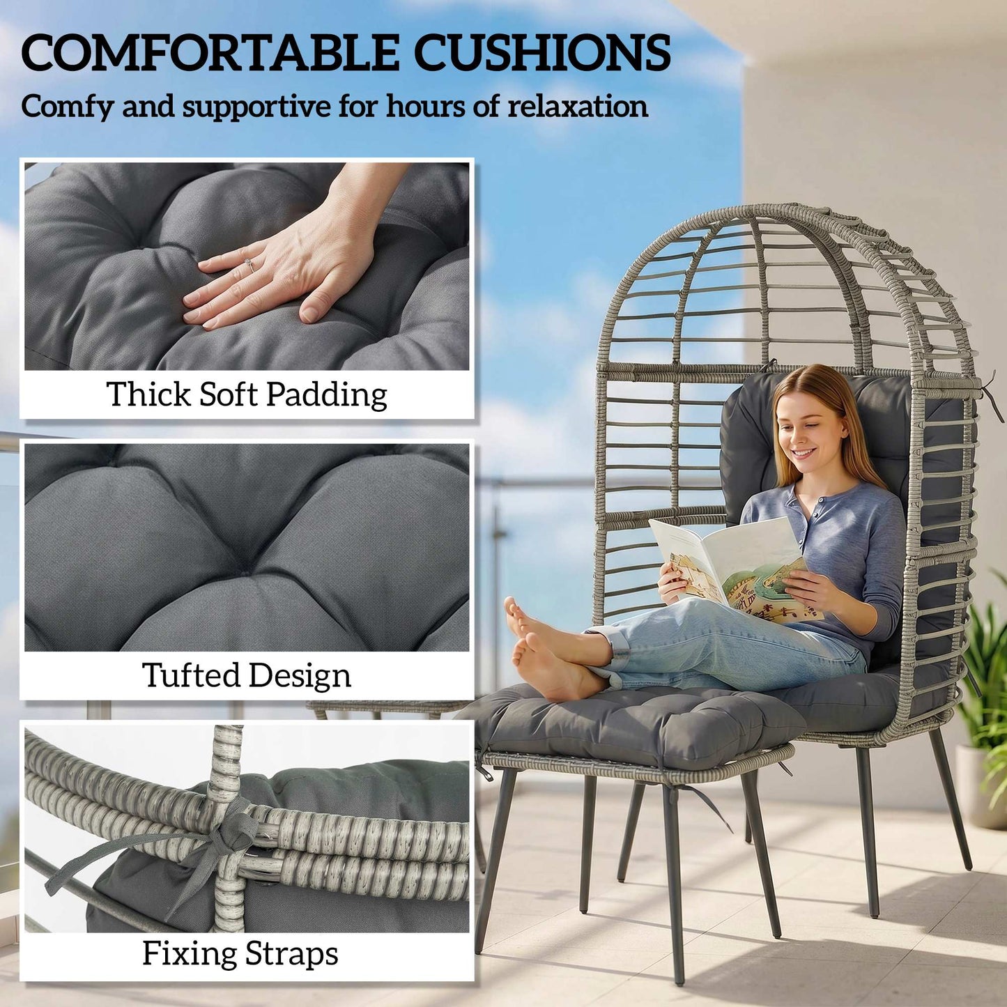Standing Garden Egg Chair with Footstool, PE Rattan Outdoor Lounge Chair and Ottoman Set with Thick Cushions, Indoor Outdoor Egg Basket Seating for Patio Balcony Porch, Light Grey