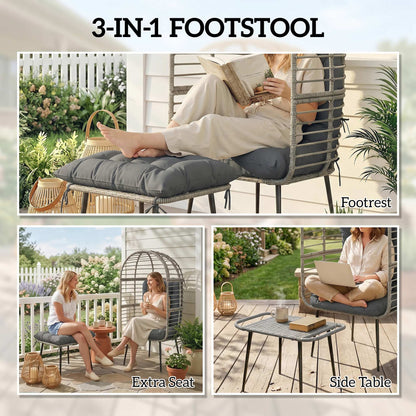 Standing Garden Egg Chair with Footstool, PE Rattan Outdoor Lounge Chair and Ottoman Set with Thick Cushions, Indoor Outdoor Egg Basket Seating for Patio Balcony Porch, Light Grey