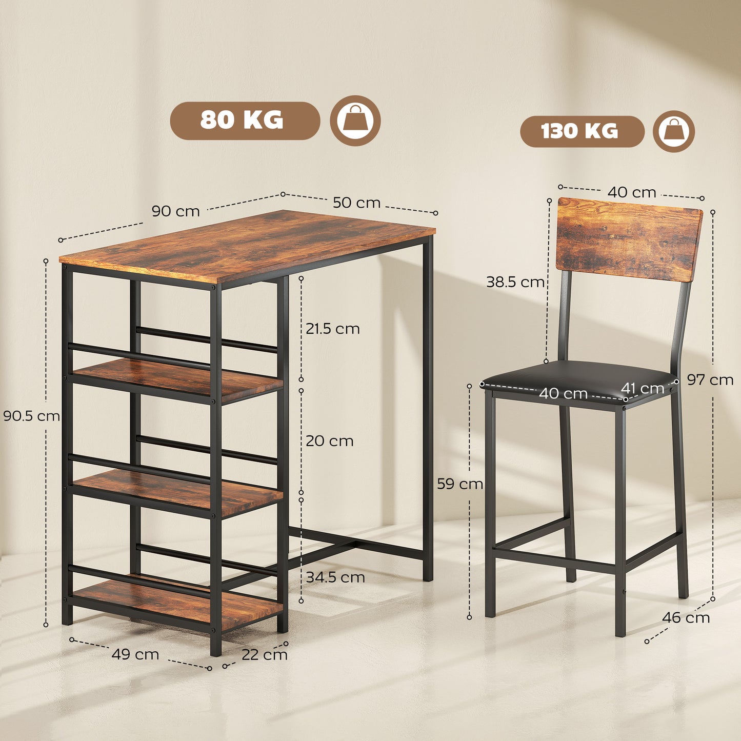 Industrial Bar Table Set with Storage and Padded Seats, Rustic Brown