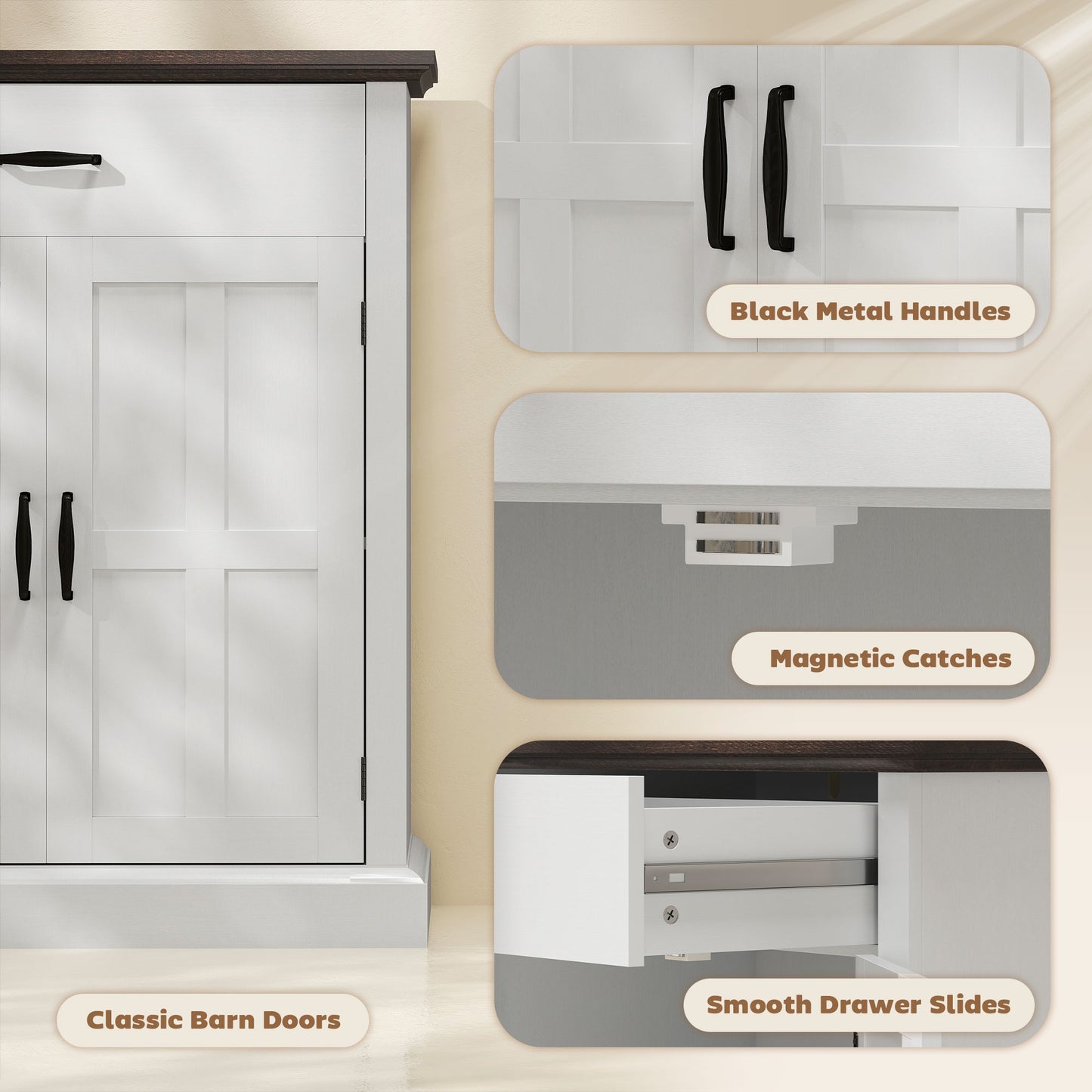 Sideboard Storage Cabinet with Thick Tabletop and 2 Barn Doors White
