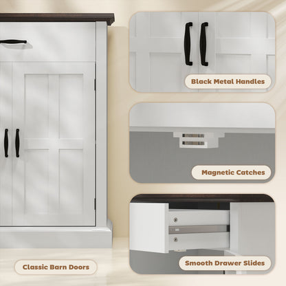 Sideboard Storage Cabinet with Thick Tabletop and 2 Barn Doors White