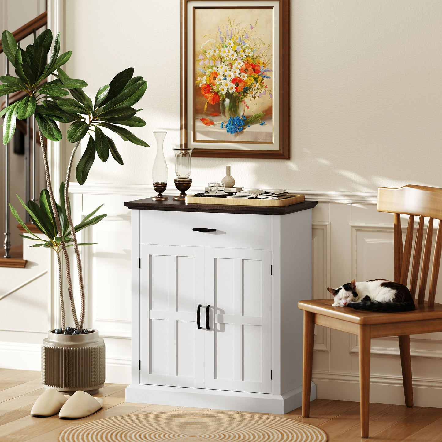 Sideboard Storage Cabinet with Thick Tabletop and 2 Barn Doors White