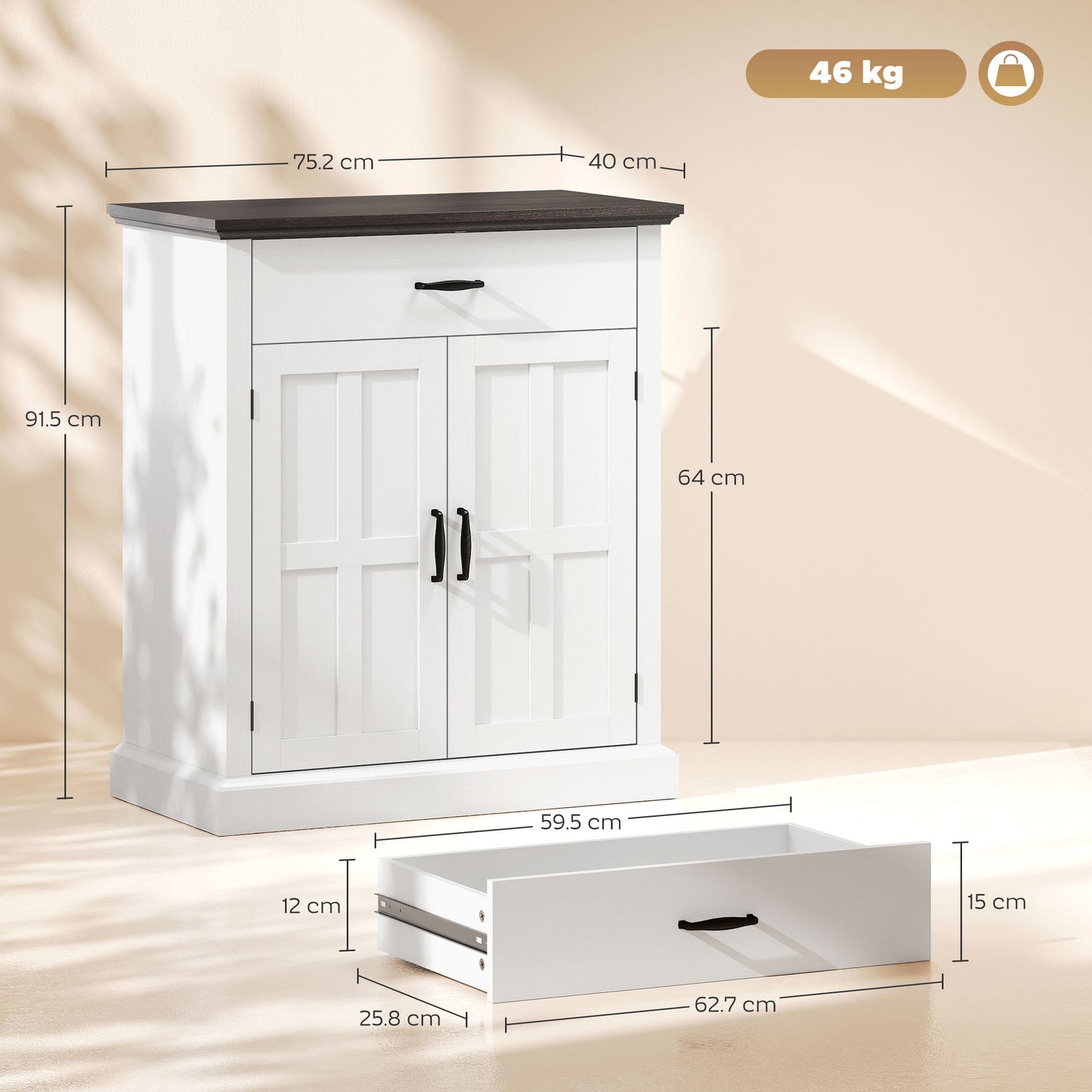 Sideboard Storage Cabinet with Thick Tabletop and 2 Barn Doors White