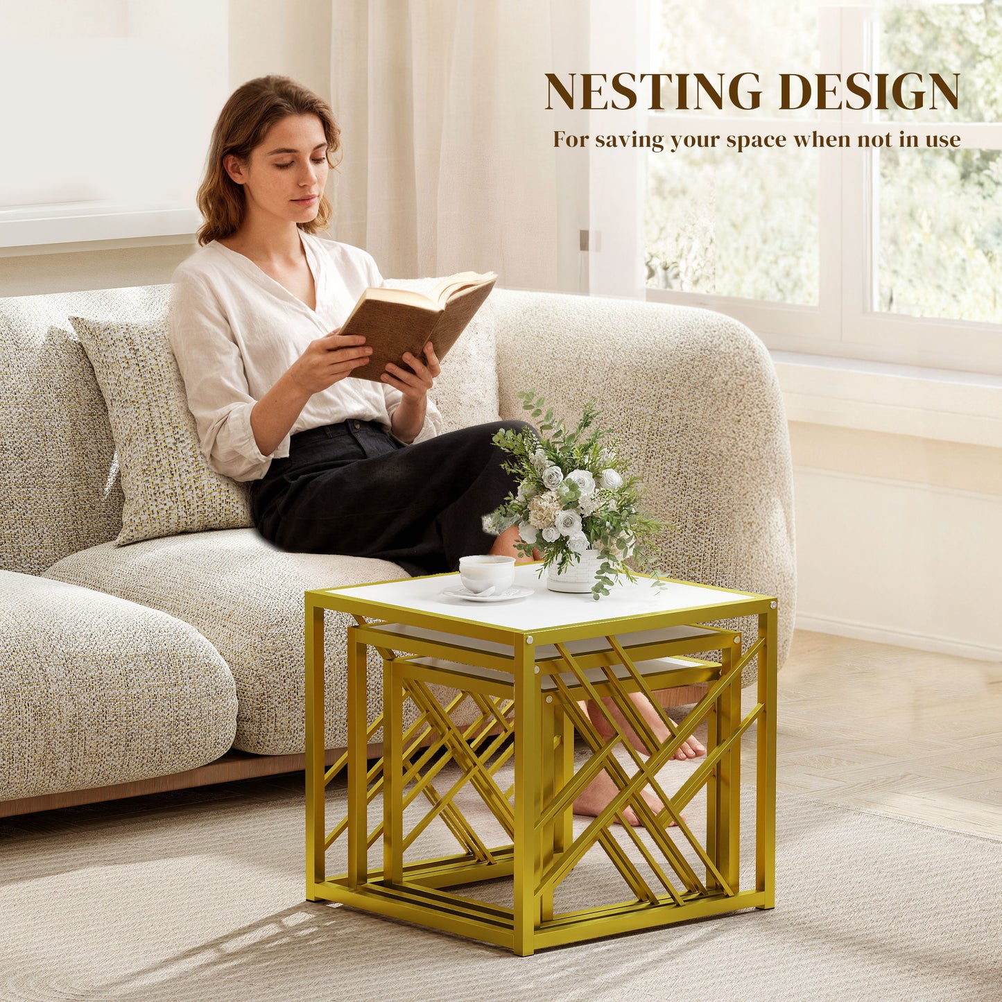 Set of 3 Nesting Coffee Tables Square End Tables w/ Metal Frame White