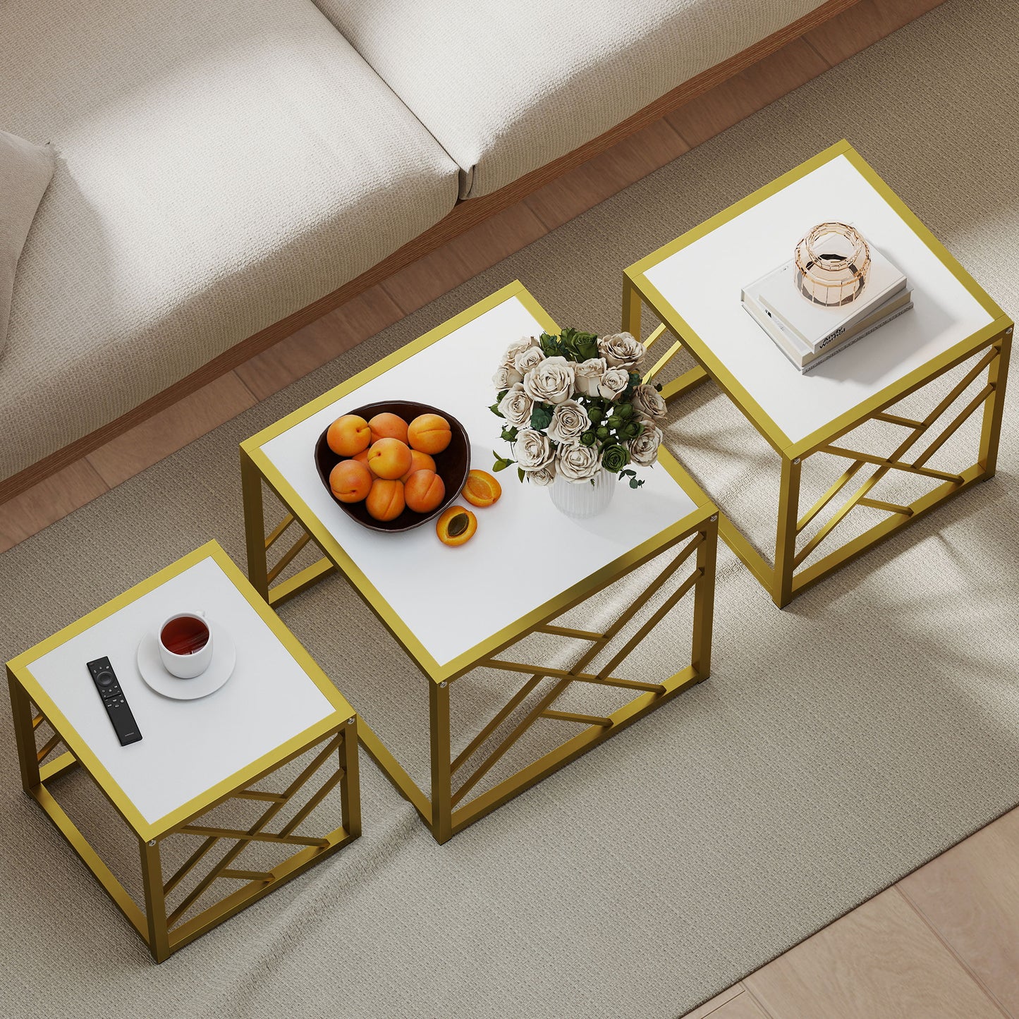 Set of 3 Nesting Coffee Tables Square End Tables w/ Metal Frame White