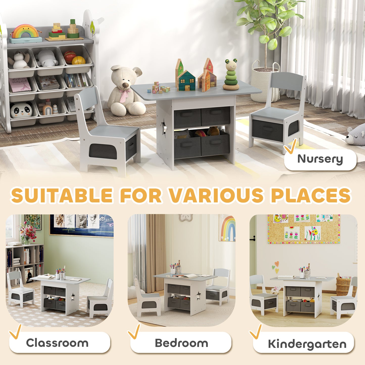 Kids Table and Chair Set with 6 Removable Drawers, Light Grey