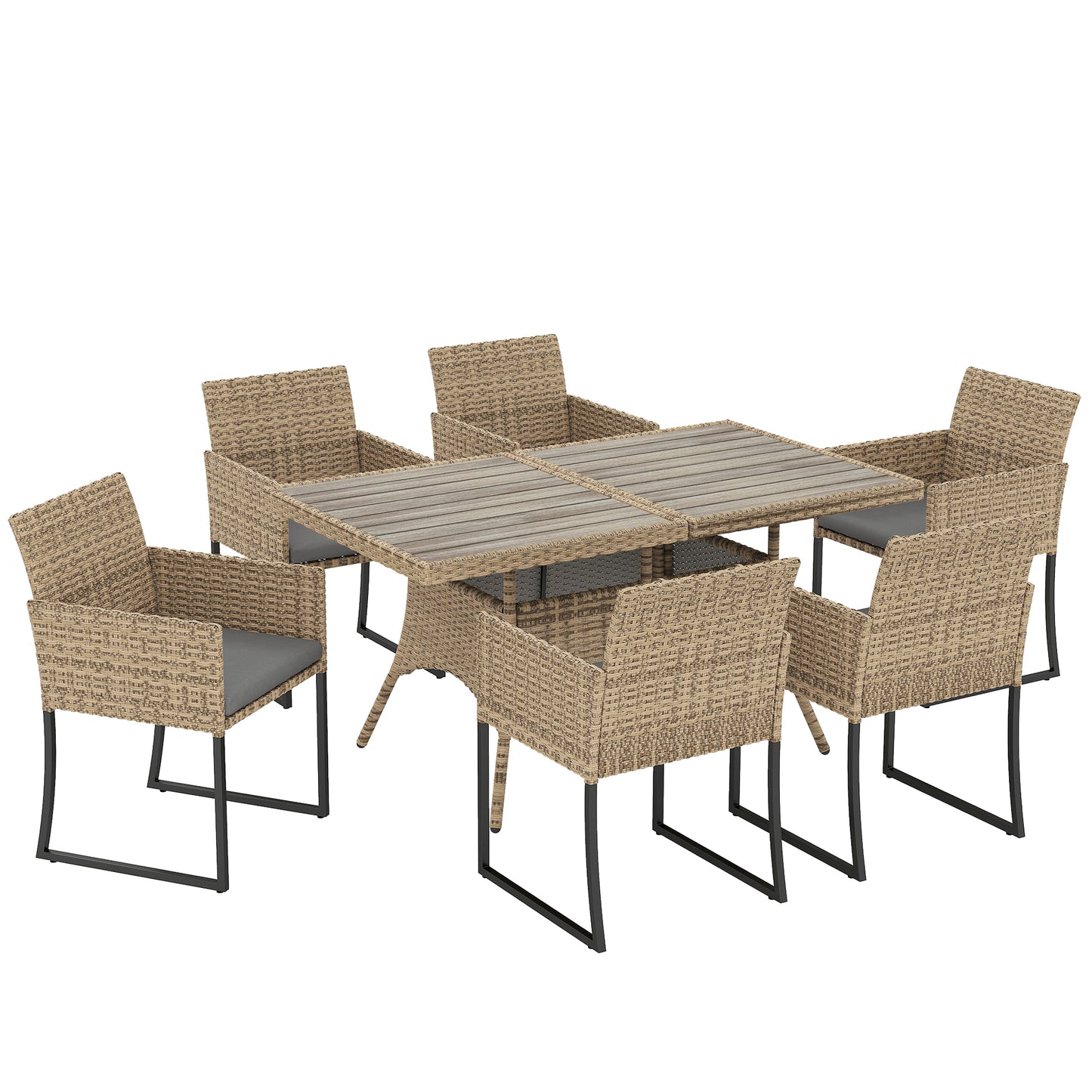 7 Piece Rattan Garden Furniture Set, Garden Dining Set with Wood-Plastic Table and 6 Stackable Chairs, Light Brown
