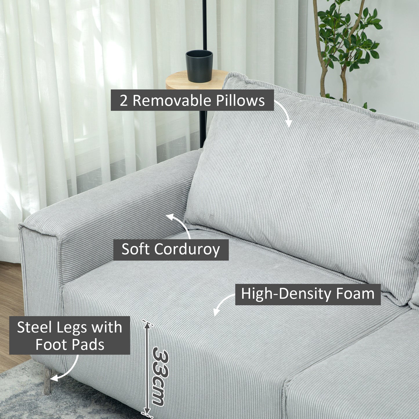 193cm Upholstered Corduroy Settee with Spring Cushion, Light Grey