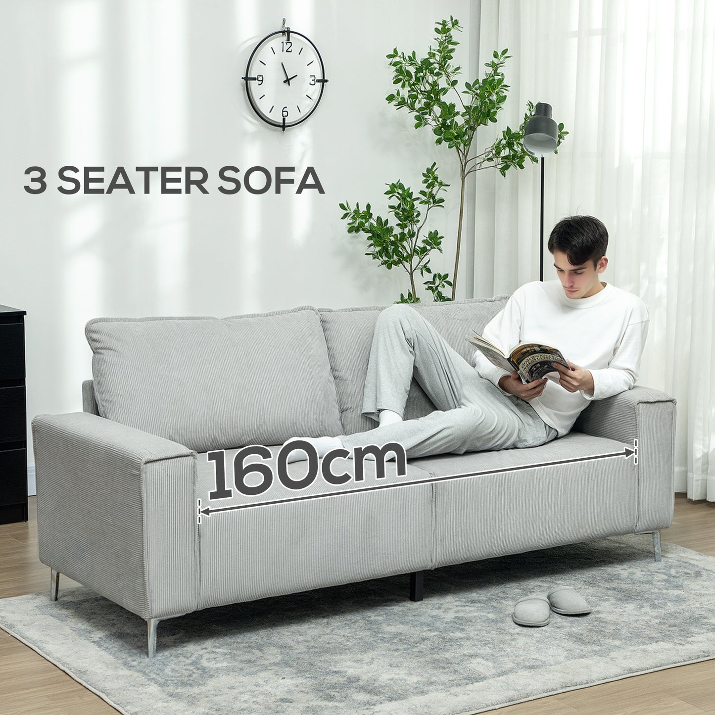 193cm Upholstered Corduroy Settee with Spring Cushion, Light Grey
