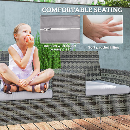 Rattan Garden Bench w/ Glass Tea Table, Cushions, Charcoal Grey