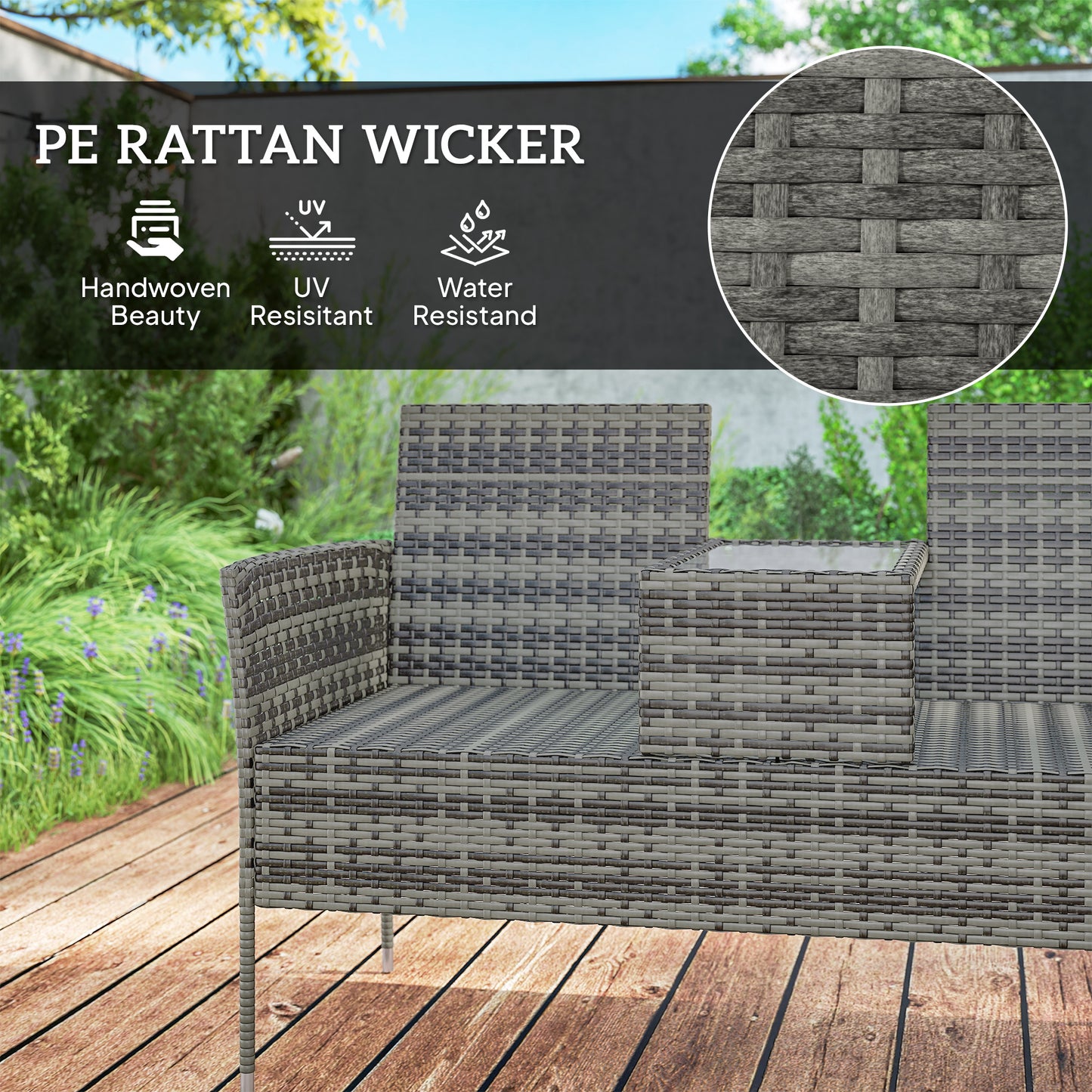 Rattan Garden Bench w/ Glass Tea Table, Cushions, Charcoal Grey