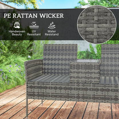 Rattan Garden Bench w/ Glass Tea Table, Cushions, Charcoal Grey