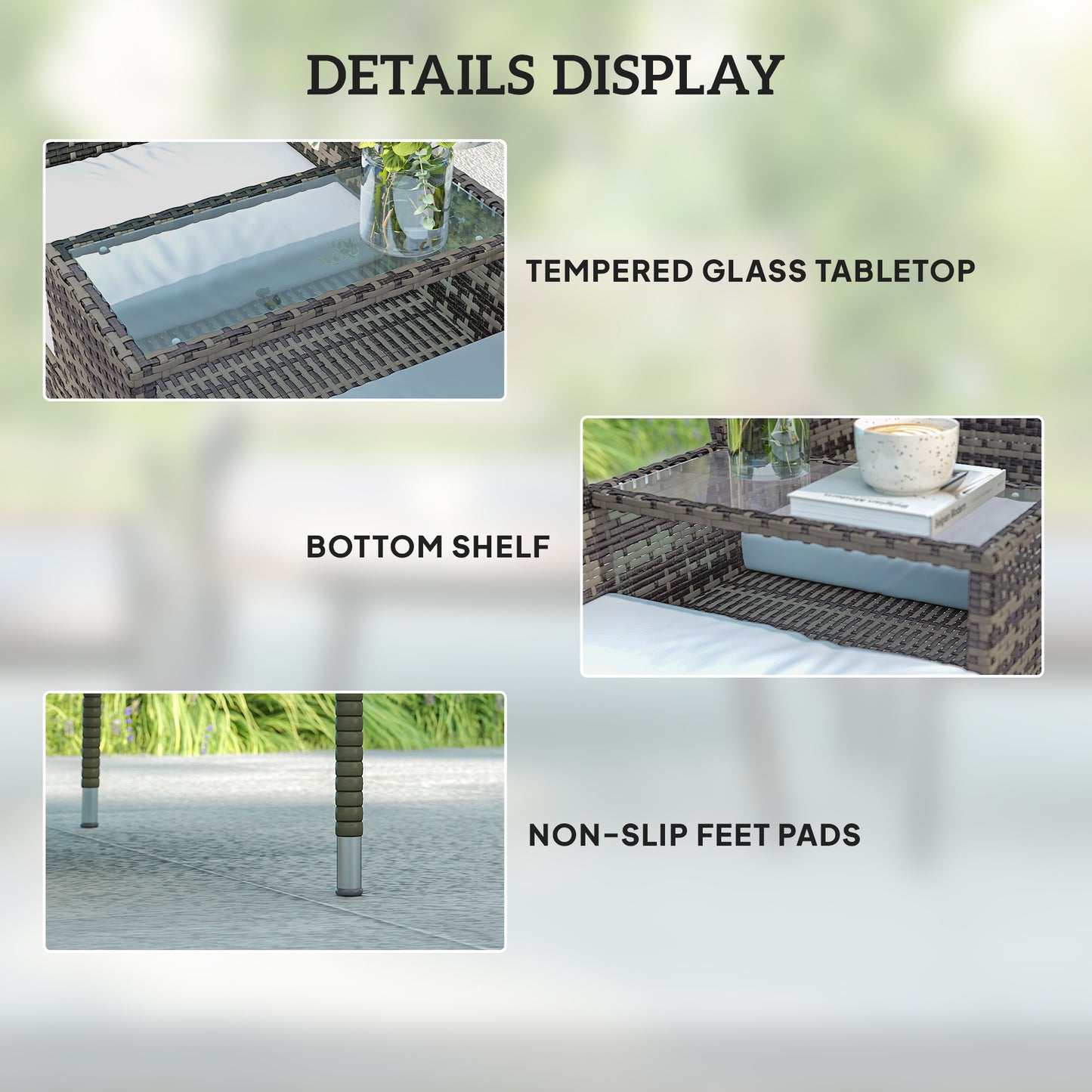 Rattan Garden Bench w/ Glass Tea Table, Cushions, Charcoal Grey