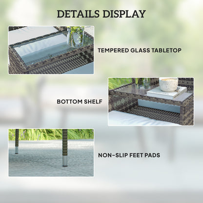 Rattan Garden Bench w/ Glass Tea Table, Cushions, Charcoal Grey
