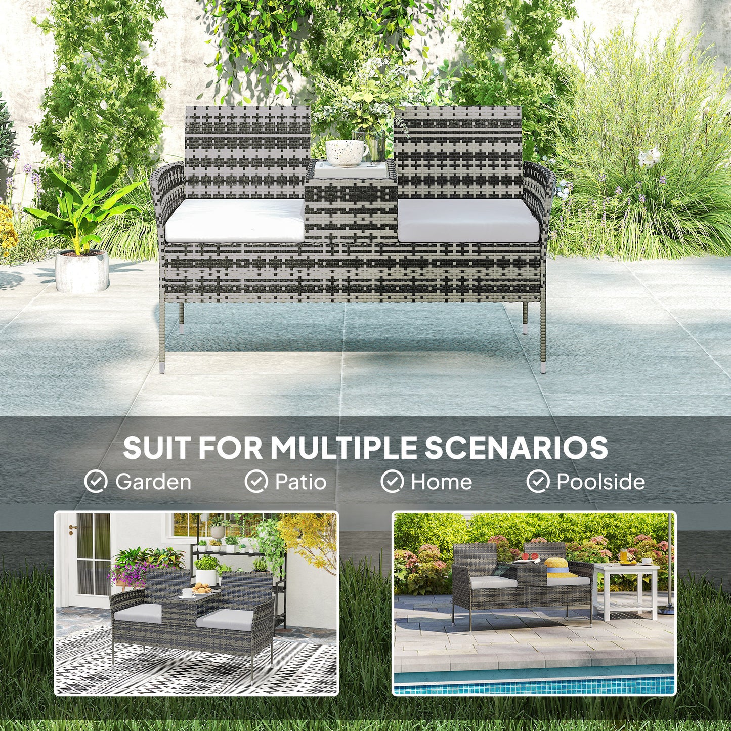 Rattan Garden Bench w/ Glass Tea Table, Cushions, Charcoal Grey