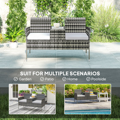 Rattan Garden Bench w/ Glass Tea Table, Cushions, Charcoal Grey