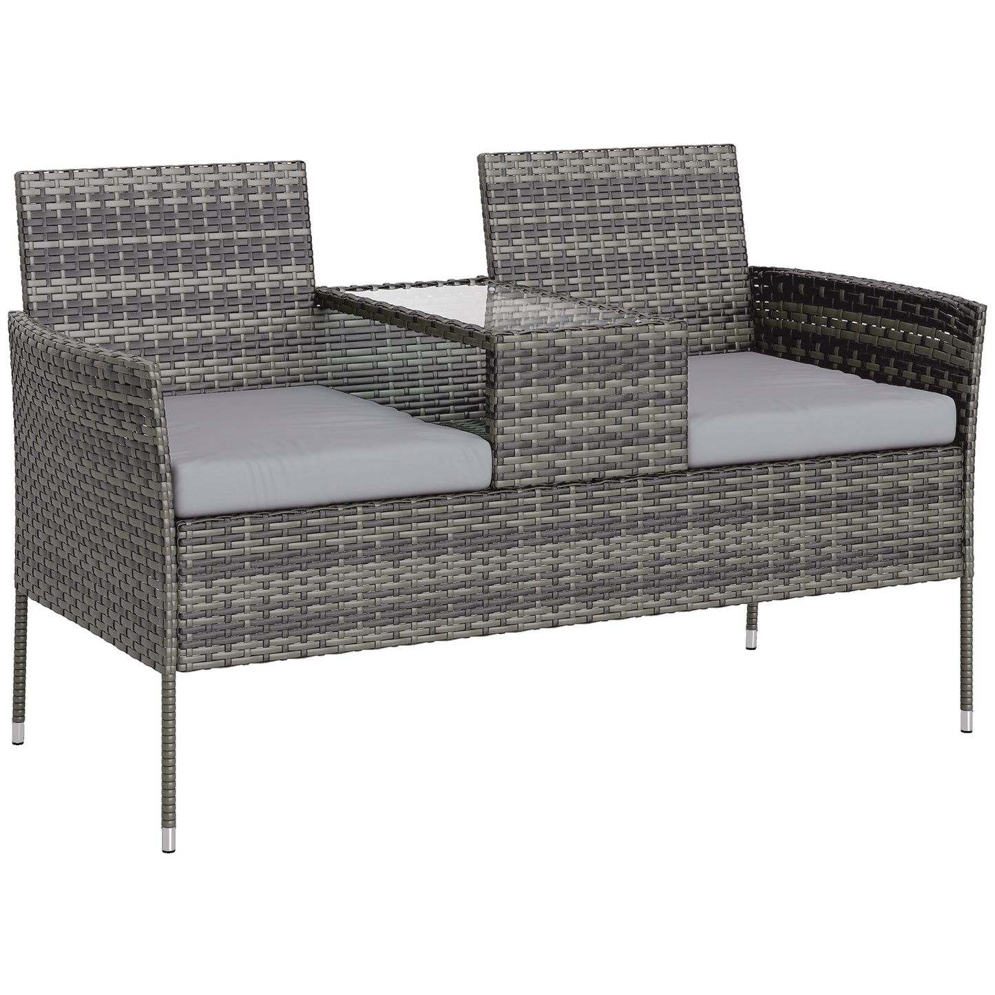 Rattan Garden Bench w/ Glass Tea Table, Cushions, Charcoal Grey
