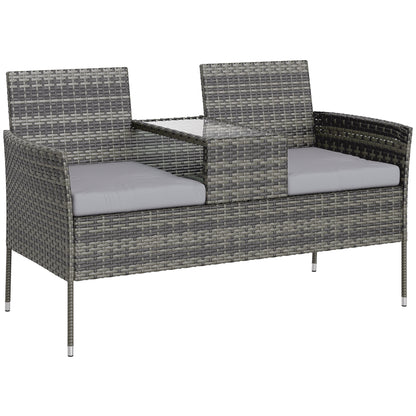 Rattan Garden Bench w/ Glass Tea Table, Cushions, Charcoal Grey