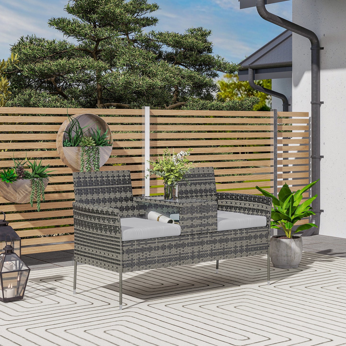 Rattan Garden Bench w/ Glass Tea Table, Cushions, Charcoal Grey