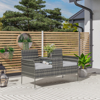 Rattan Garden Bench w/ Glass Tea Table, Cushions, Charcoal Grey